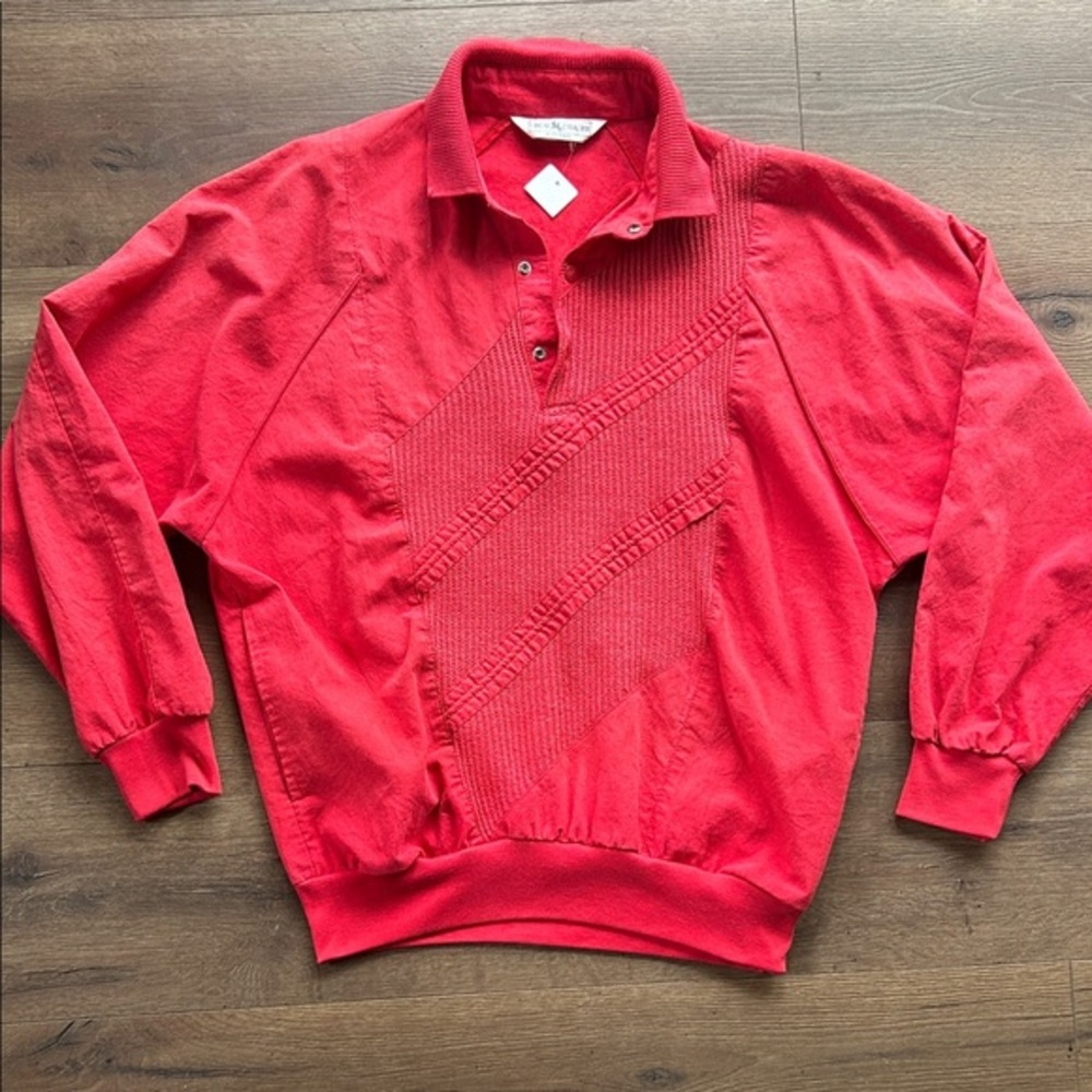 Great Cavalier Red Knit-Panel Crewneck Sweater with Polo Collar ! Large